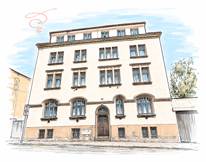 Ruční skica činžovního domu